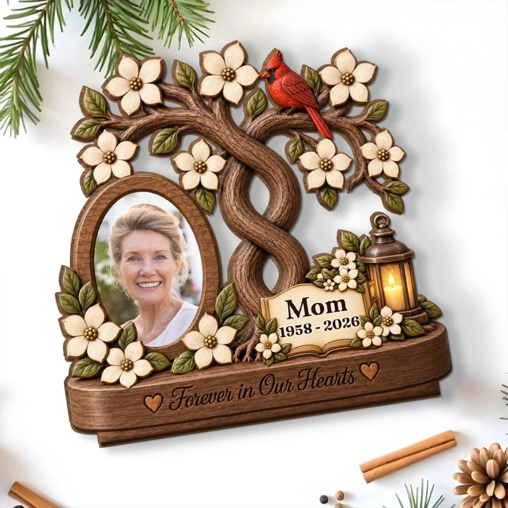 Personalized 2-Layer Wooden Plaque, Forever in Our Hearts Mom Memorial, Creative Sympathy Gift with Warm Rustic Art