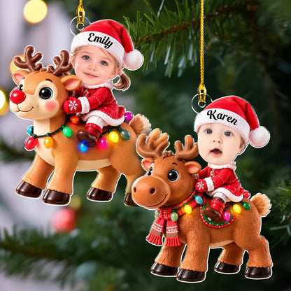 Personalized Acrylic Ornament, Baby Riding a Pastel Unicorn by a Christmas Tree, Unique Gift for Family