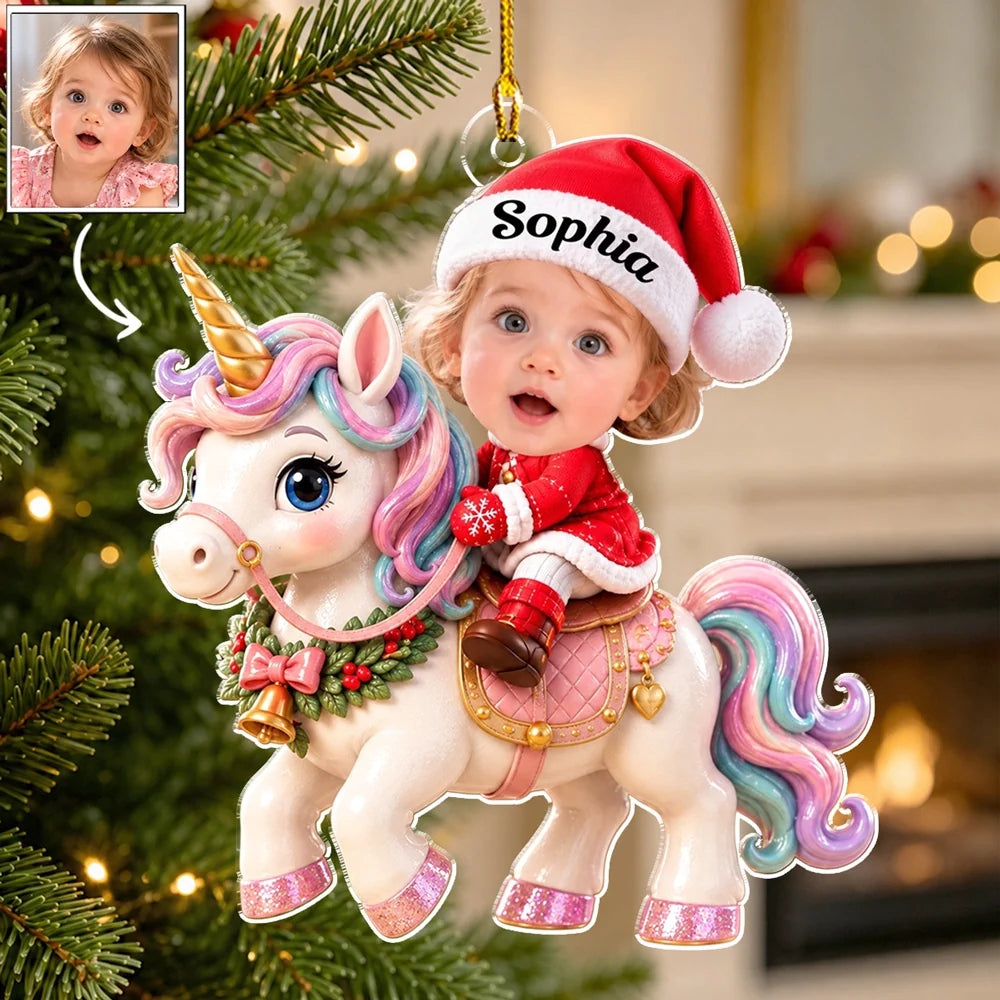 Personalized Acrylic Ornament, Baby Riding a Pastel Unicorn by a Christmas Tree, Unique Gift for Family