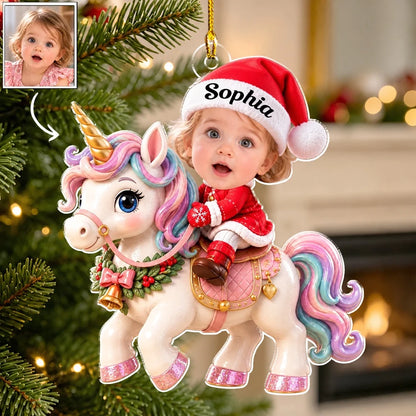 Personalized Acrylic Ornament, Baby Riding a Pastel Unicorn by a Christmas Tree, Unique Gift for Family