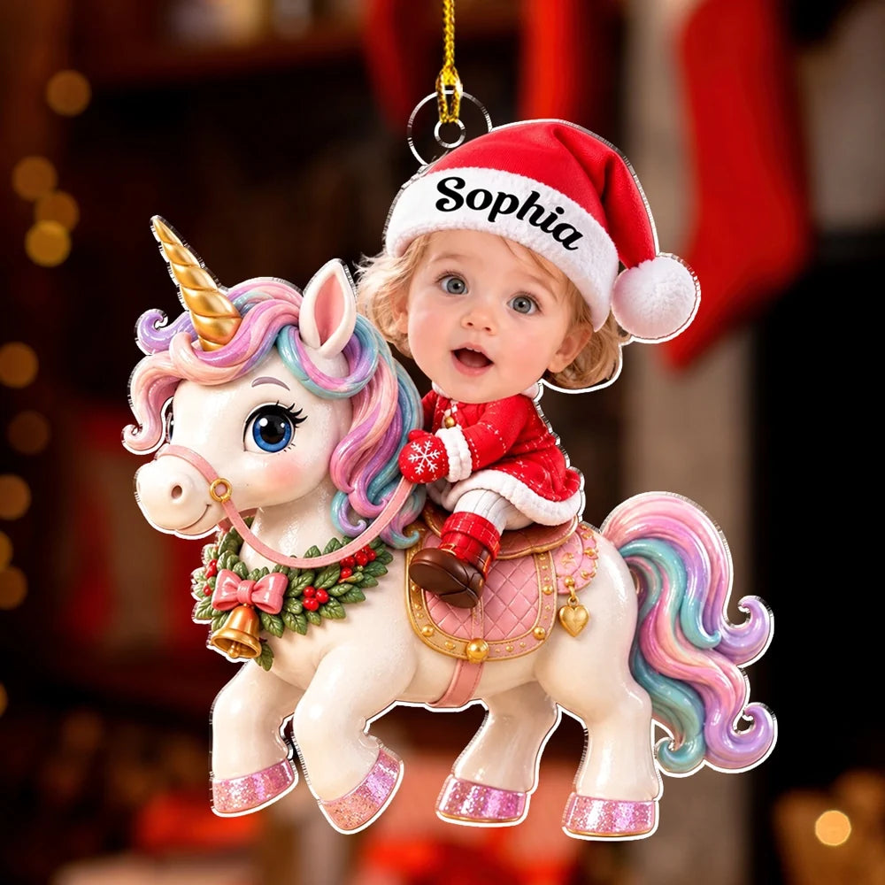 Personalized Acrylic Ornament, Baby Riding a Pastel Unicorn by a Christmas Tree, Unique Gift for Family