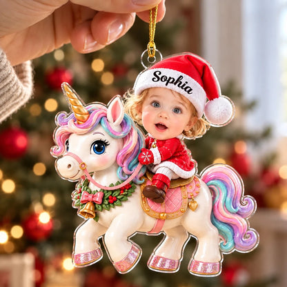 Personalized Acrylic Ornament, Baby Riding a Pastel Unicorn by a Christmas Tree, Unique Gift for Family