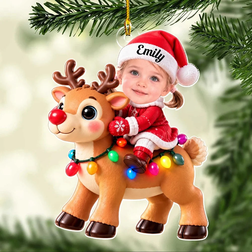 Personalized Acrylic Ornament, Baby Riding a Pastel Unicorn by a Christmas Tree, Unique Gift for Family