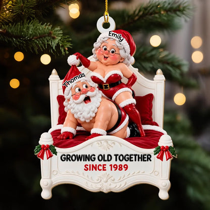 Personalized Wooden Ornament, Playful Santa Couple on a Red Bed, Unique Christmas Gift for Couples