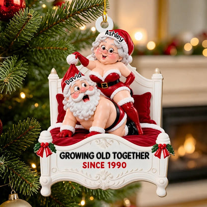 Personalized Wooden Ornament, Playful Santa Couple on a Red Bed, Unique Christmas Gift for Couples