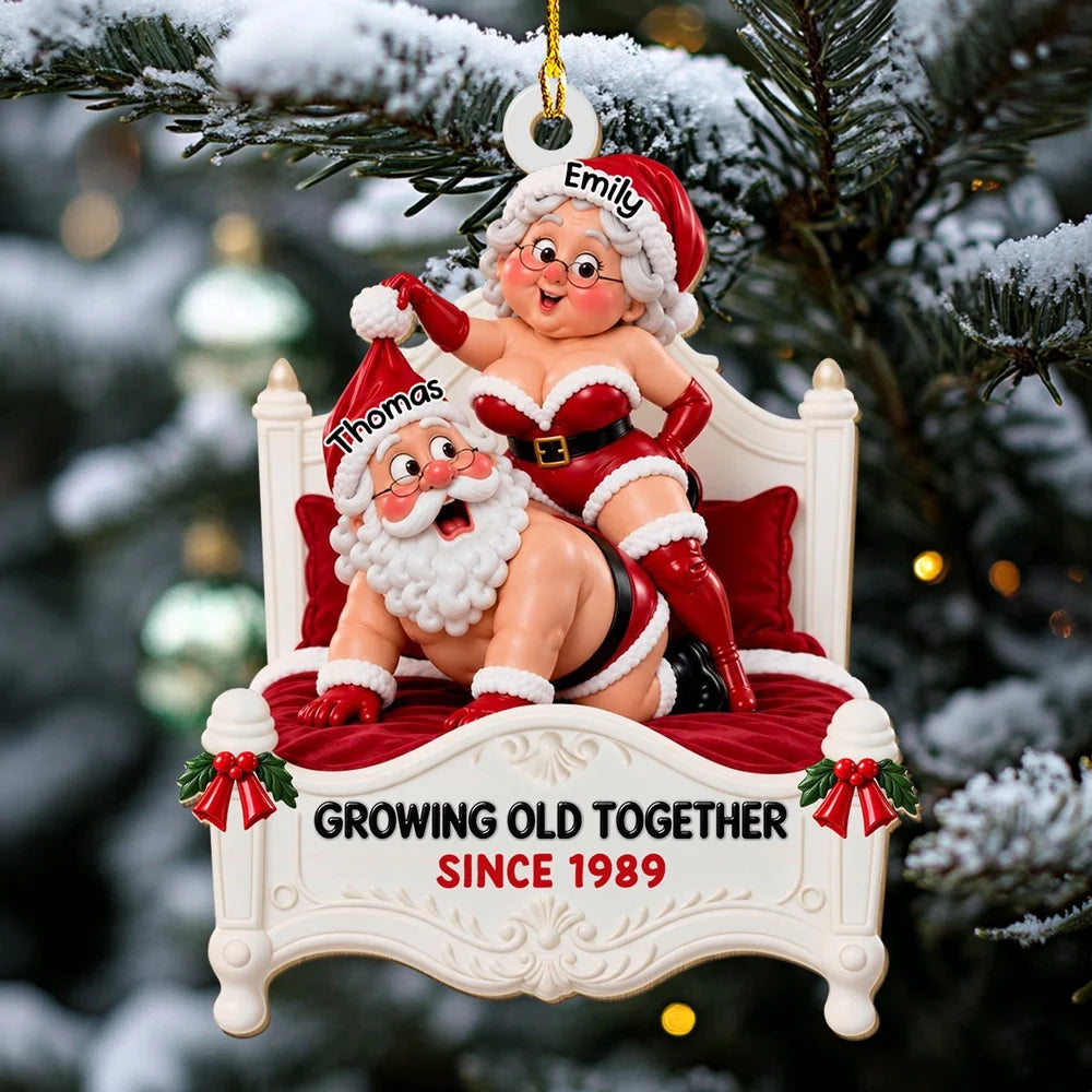 Personalized Wooden Ornament, Playful Santa Couple on a Red Bed, Unique Christmas Gift for Couples