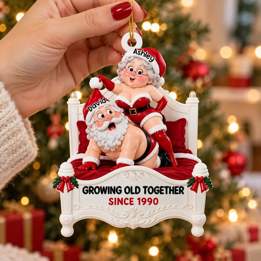 Personalized Wooden Ornament, Playful Santa Couple on a Red Bed, Unique Christmas Gift for Couples