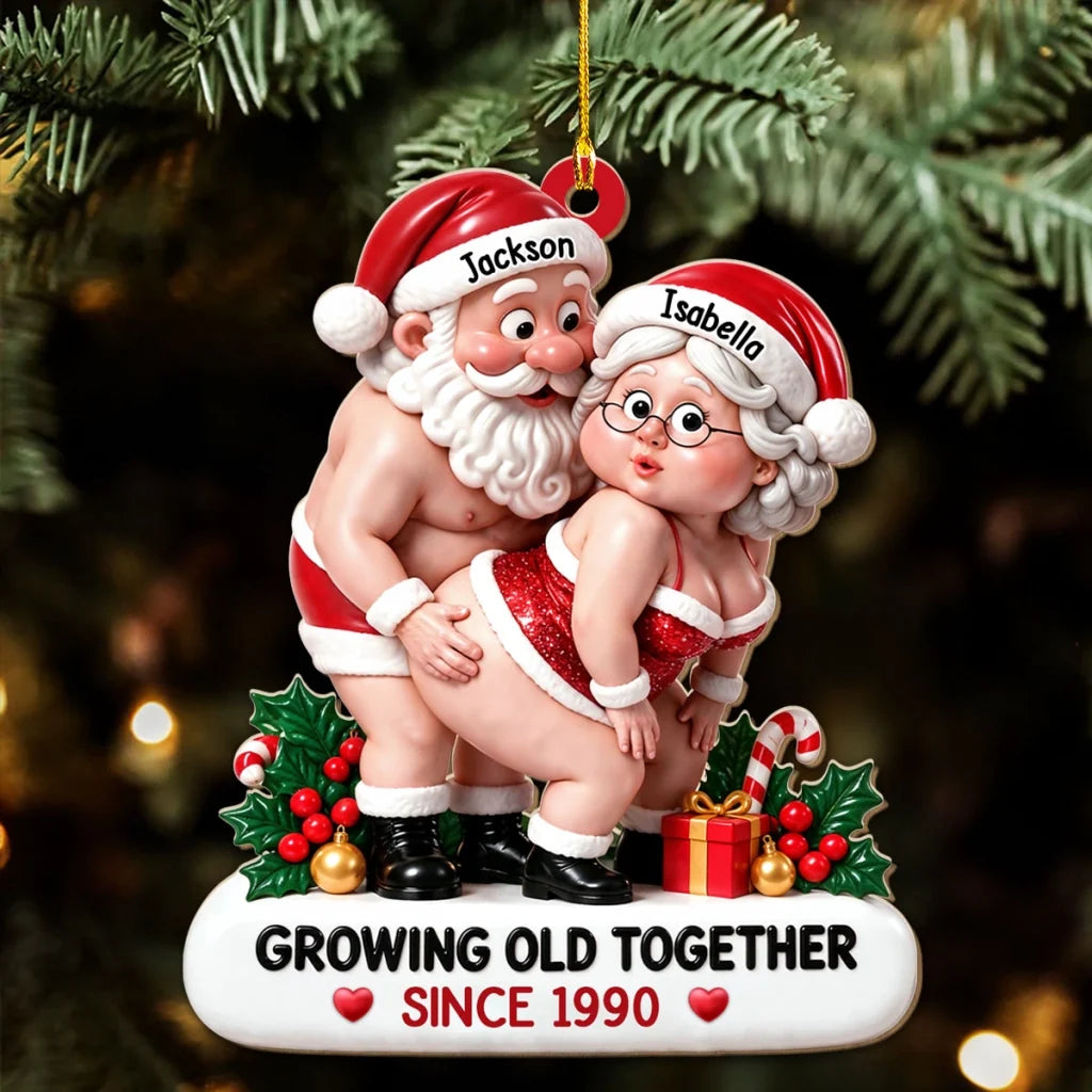 Personalized Wooden Ornament, Embracing Santa Couple in Festive Red, Unique Christmas Gift for Couples
