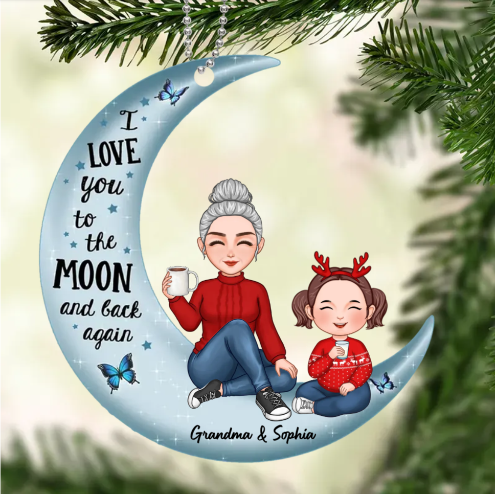 Cute Grandma & Grandkid On Moon Christmas Gift For Granddaughter Grandson Personalized Acrylic Ornament