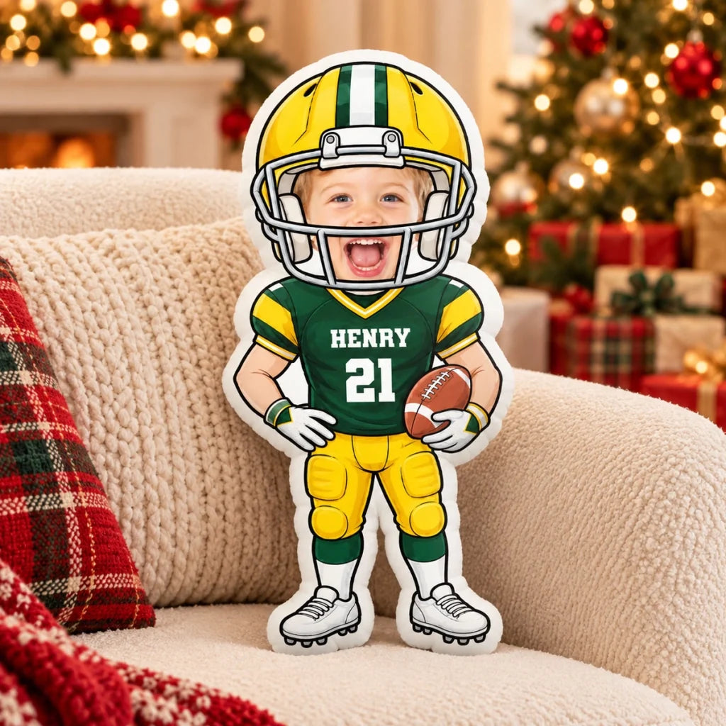 Personalized Shaped Pillow, Cartoon Football Player Holding a Ball, Unique Gift for Football Fans