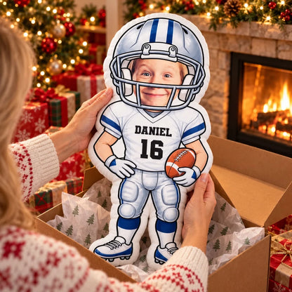 Personalized Shaped Pillow, Cartoon Football Player Holding a Ball, Unique Gift for Football Fans