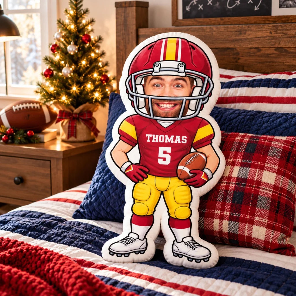Personalized Shaped Pillow, Cartoon Football Player Holding a Ball, Unique Gift for Football Fans