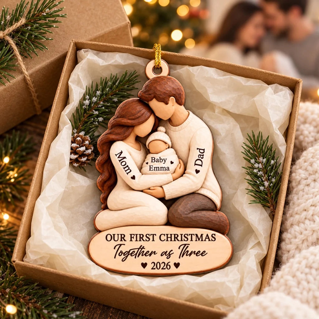 Personalized Wooden Ornament, Parents Cradling Baby, Unique Gift for New Parents