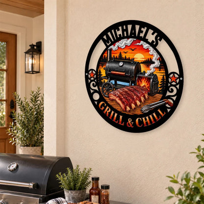 Grill & Chill Personalized Shaped Metal Sign, Lakeside Sunset Art, Unique Gift for Dad