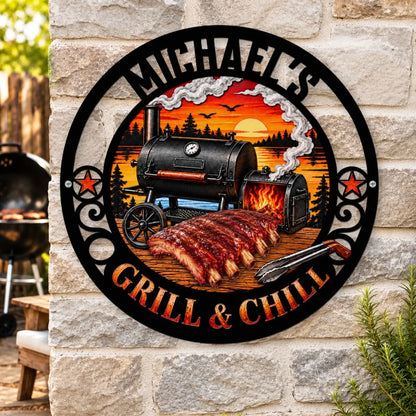 Grill & Chill Personalized Shaped Metal Sign, Lakeside Sunset Art, Unique Gift for Dad