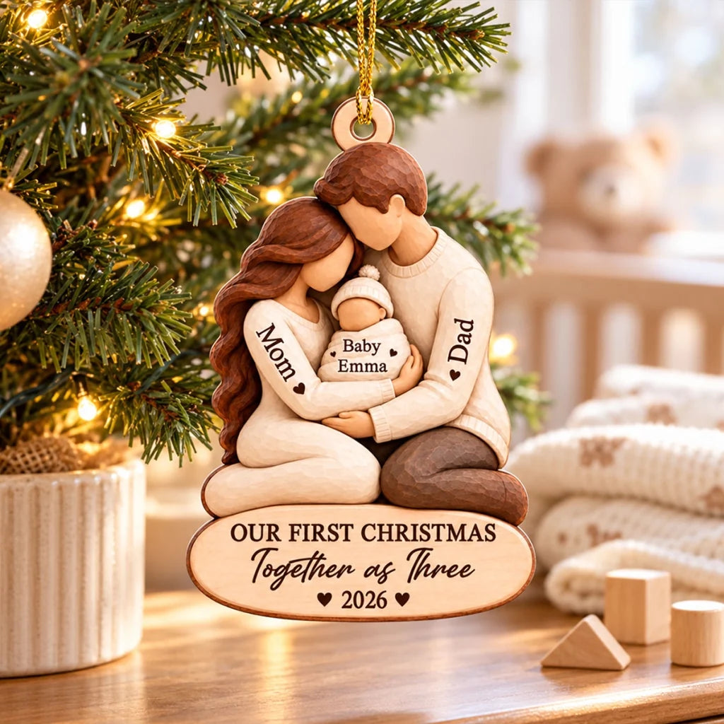 Personalized Wooden Ornament, Parents Cradling Baby, Unique Gift for New Parents