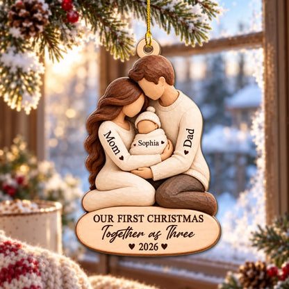 Personalized Wooden Ornament, Parents Cradling Baby, Unique Gift for New Parents