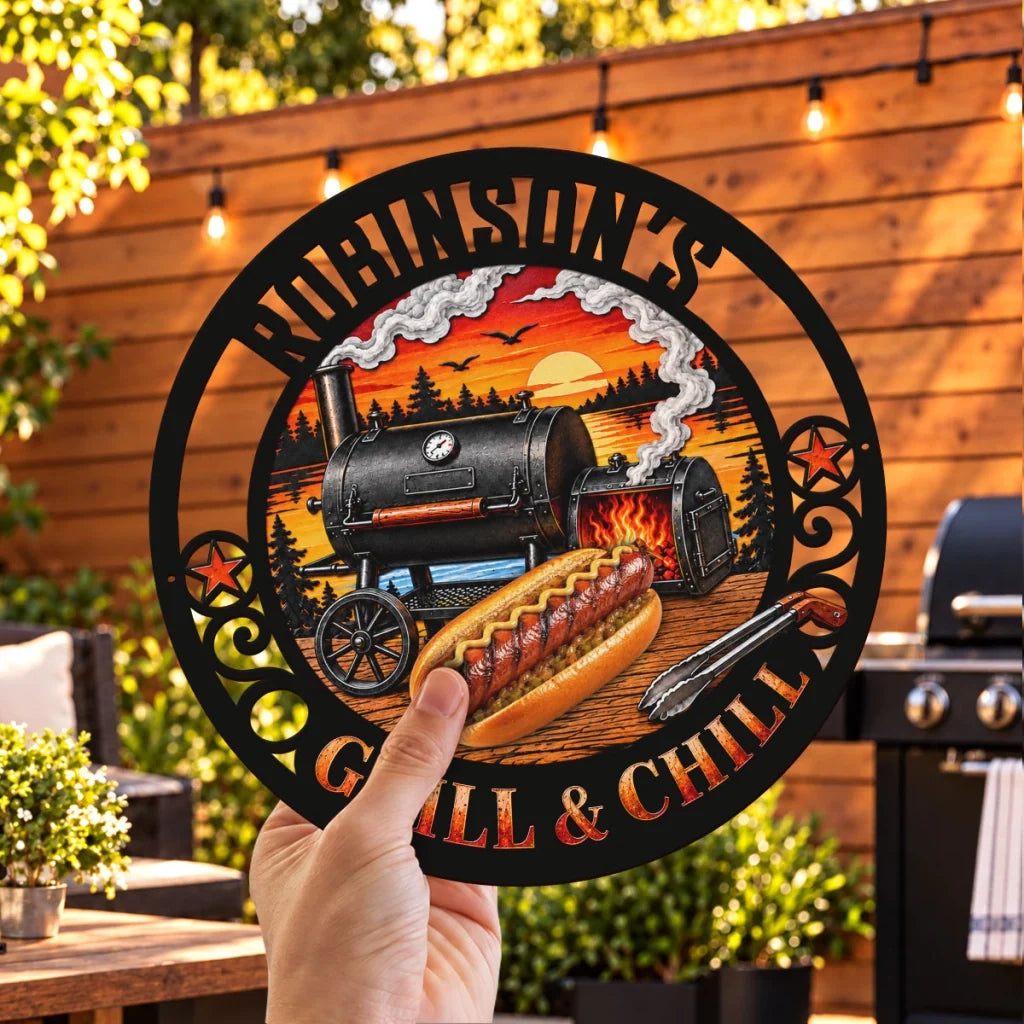 Grill & Chill Personalized Shaped Metal Sign, Lakeside Sunset Art, Unique Gift for Dad