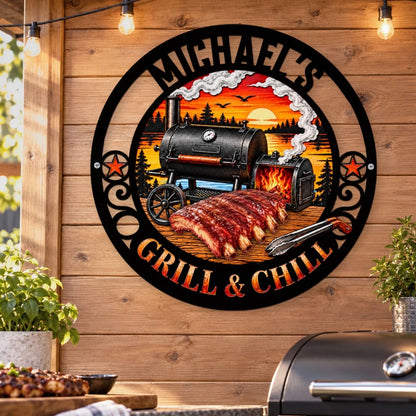 Grill & Chill Personalized Shaped Metal Sign, Lakeside Sunset Art, Unique Gift for Dad