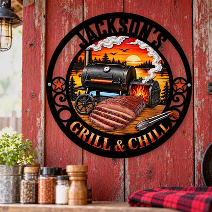 Grill & Chill Personalized Shaped Metal Sign, Lakeside Sunset Art, Unique Gift for Dad