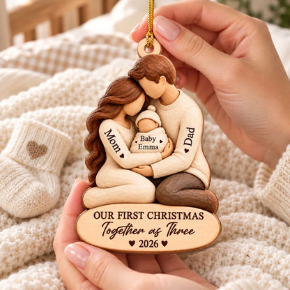 Personalized Wooden Ornament, Parents Cradling Baby, Unique Gift for New Parents