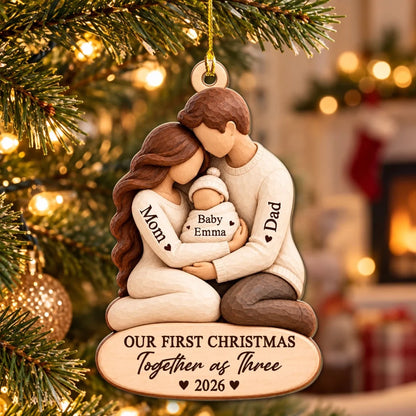 Personalized Wooden Ornament, Parents Cradling Baby, Unique Gift for New Parents