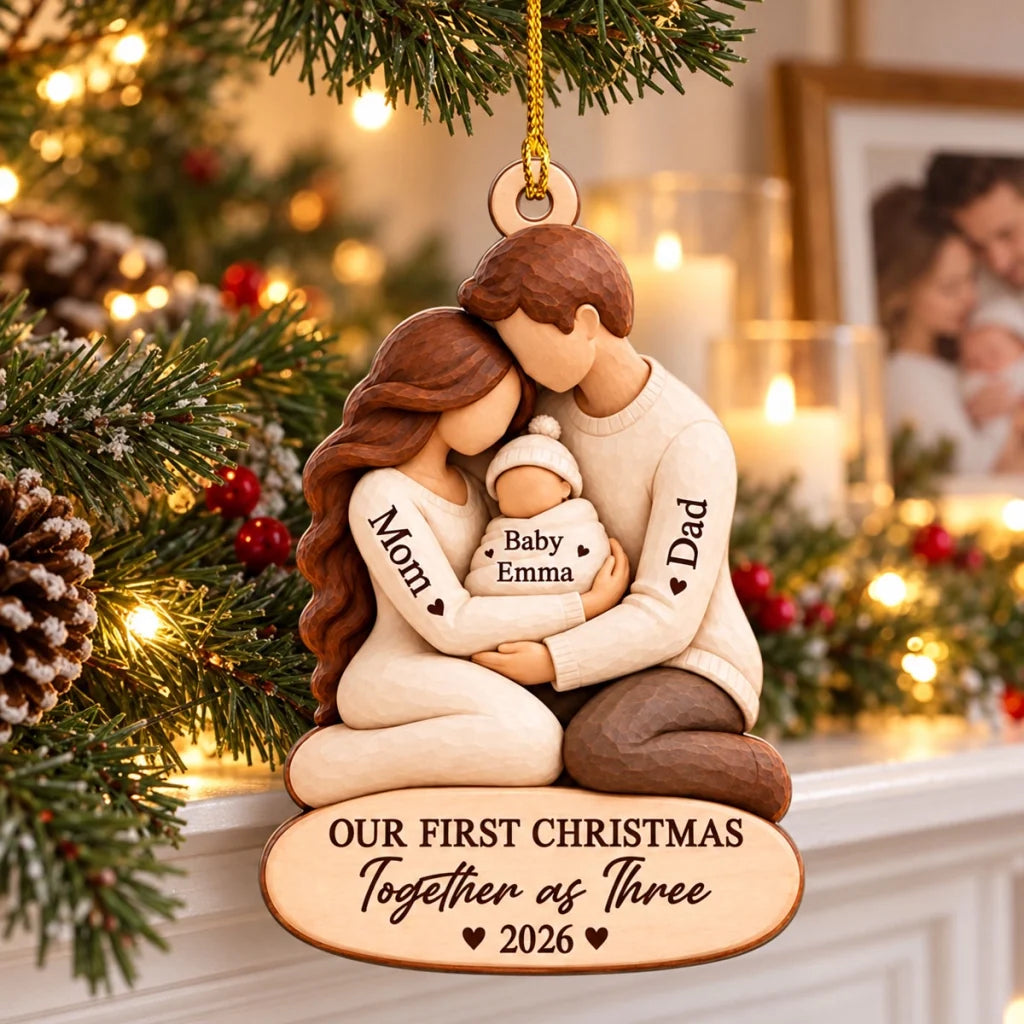 Personalized Wooden Ornament, Parents Cradling Baby, Unique Gift for New Parents