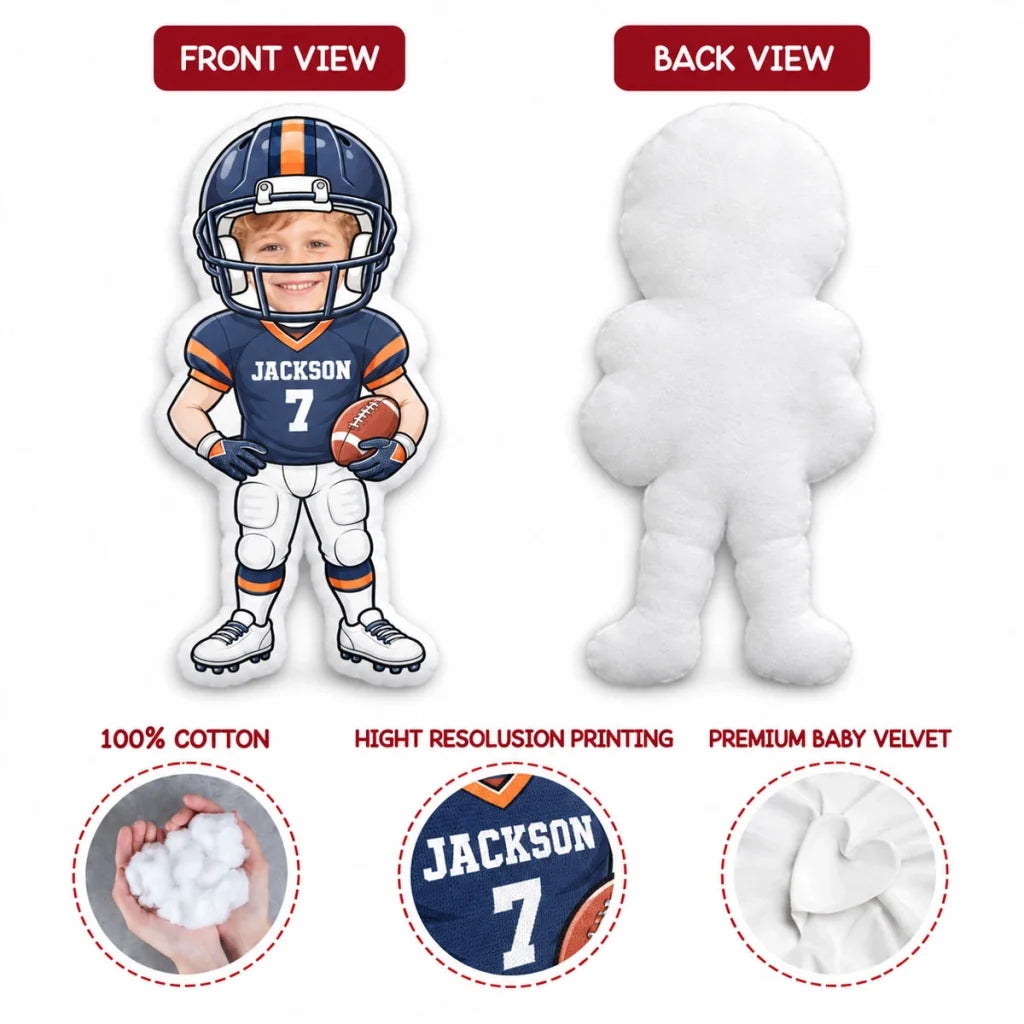 Personalized Shaped Pillow, Cartoon Football Player Holding a Ball, Unique Gift for Football Fans
