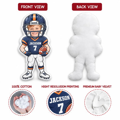 Personalized Shaped Pillow, Cartoon Football Player Holding a Ball, Unique Gift for Football Fans