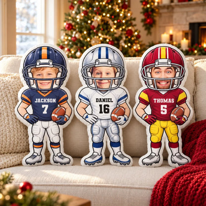 Personalized Shaped Pillow, Cartoon Football Player Holding a Ball, Unique Gift for Football Fans