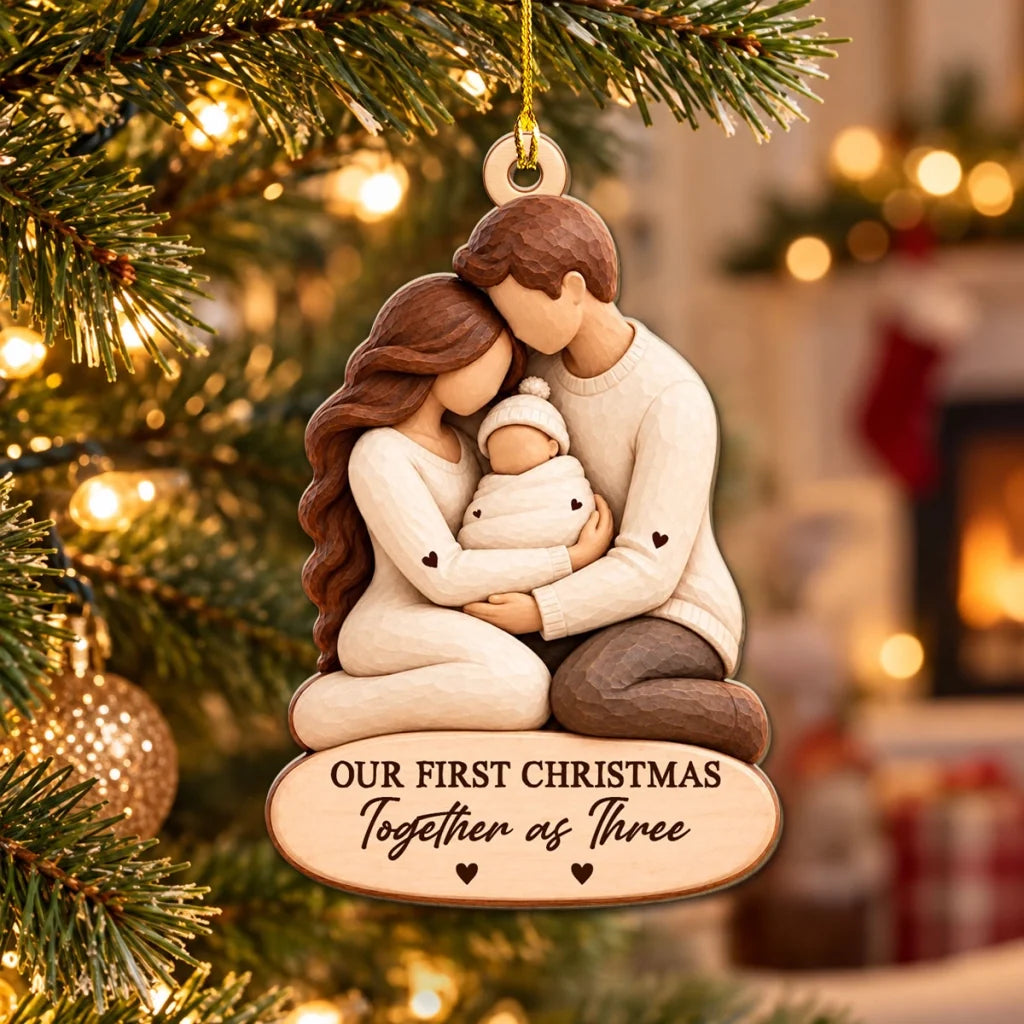 Personalized Wooden Ornament, Parents Cradling Baby, Unique Gift for New Parents