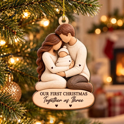 Personalized Wooden Ornament, Parents Cradling Baby, Unique Gift for New Parents