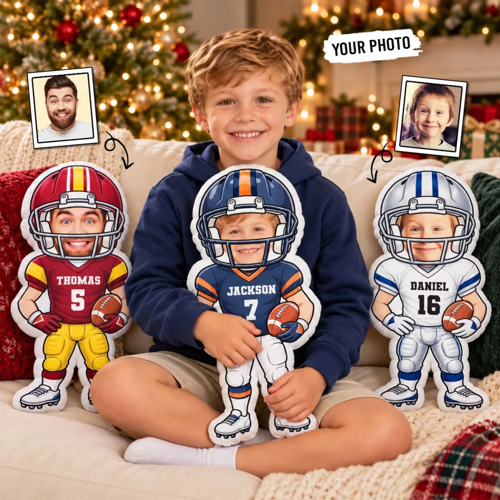 Personalized Shaped Pillow, Cartoon Football Player Holding a Ball, Unique Gift for Football Fans