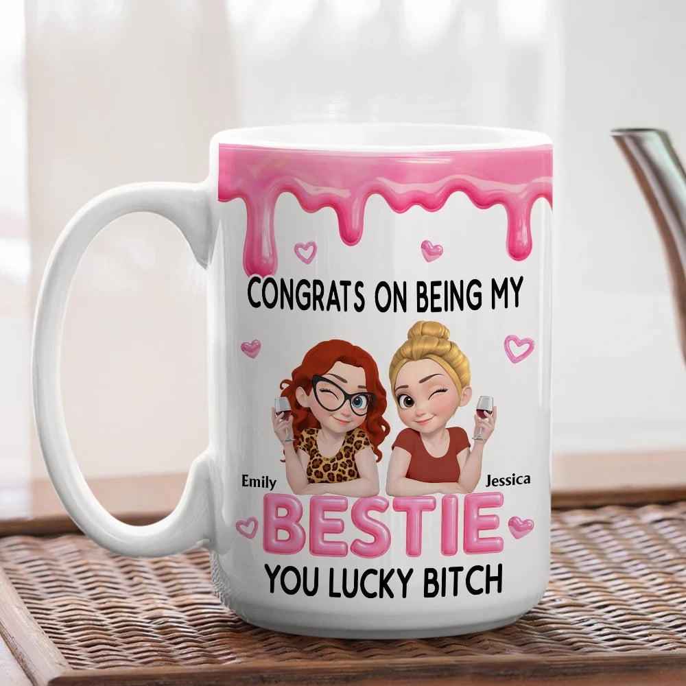 Personalized Mug with Winking Friends Holding Wine, Pink Cartoon Unique Gift for a Close Friend