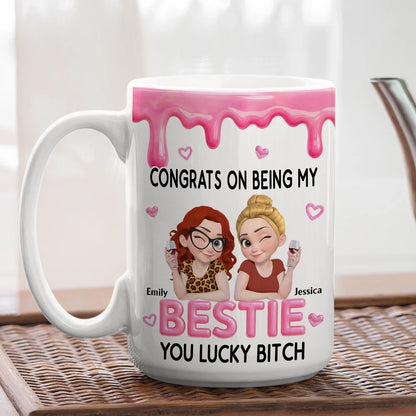 Personalized Mug with Winking Friends Holding Wine, Pink Cartoon Unique Gift for a Close Friend