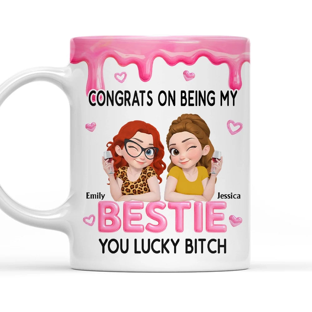 Personalized Mug with Winking Friends Holding Wine, Pink Cartoon Unique Gift for a Close Friend