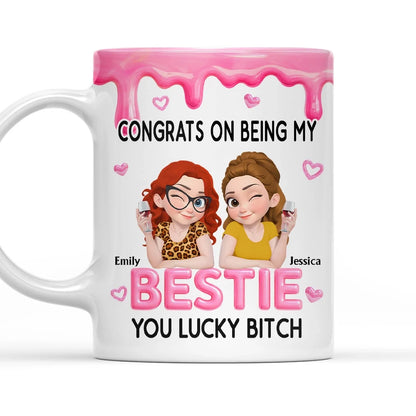 Personalized Mug with Winking Friends Holding Wine, Pink Cartoon Unique Gift for a Close Friend