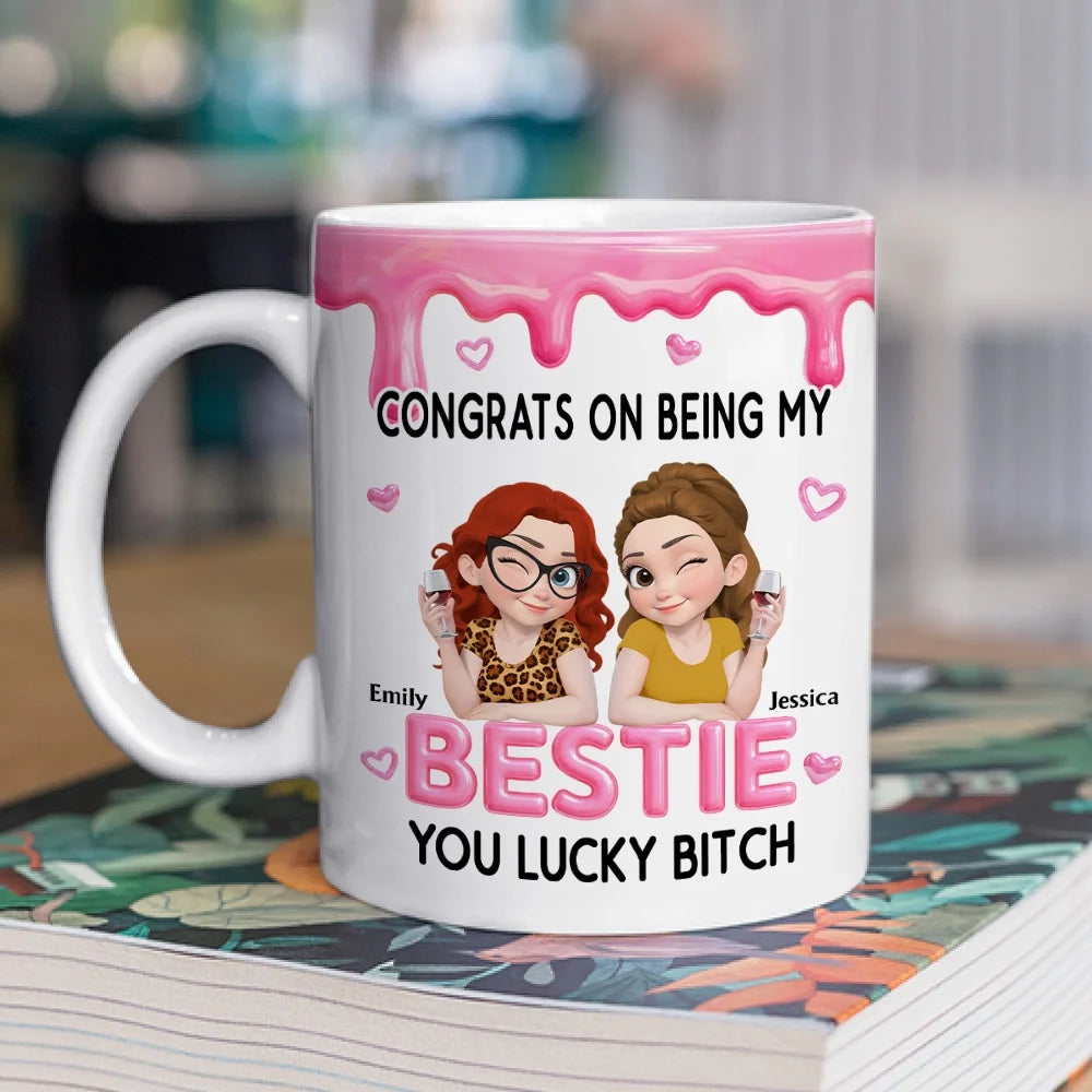 Personalized Mug with Winking Friends Holding Wine, Pink Cartoon Unique Gift for a Close Friend
