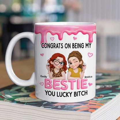 Personalized Mug with Winking Friends Holding Wine, Pink Cartoon Unique Gift for a Close Friend