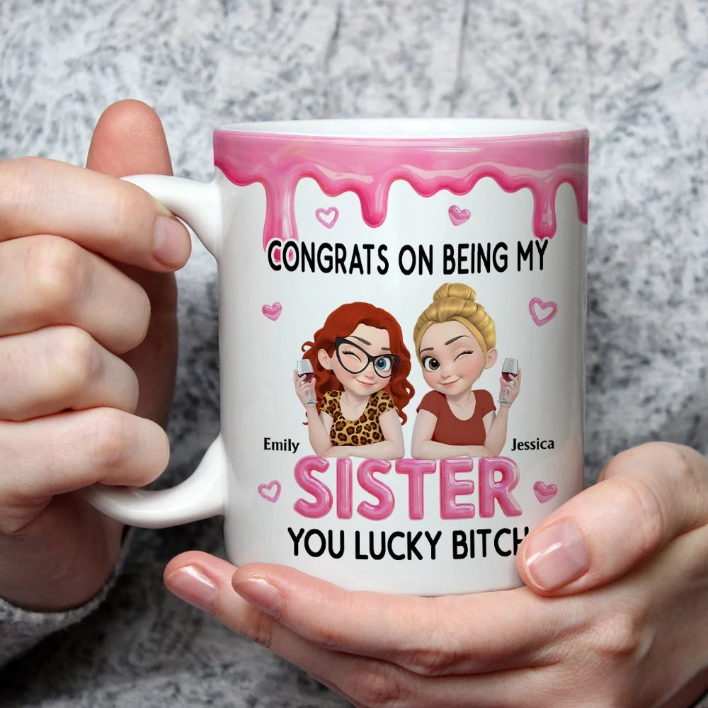 Personalized Mug with Winking Friends Holding Wine, Pink Cartoon Unique Gift for a Close Friend
