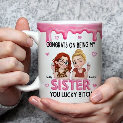 Personalized Mug with Winking Friends Holding Wine, Pink Cartoon Unique Gift for a Close Friend