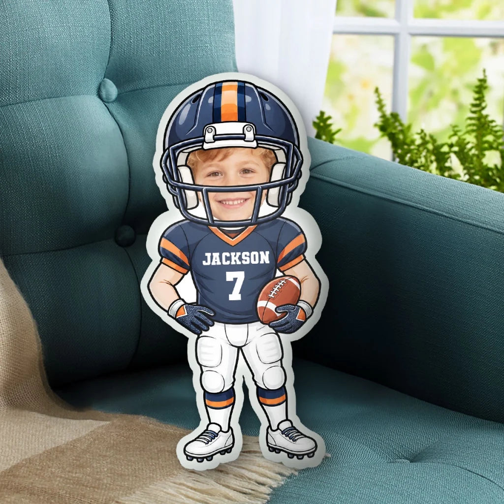 Personalized Shaped Pillow, Cartoon Football Player Holding a Ball, Unique Gift for Football Fans