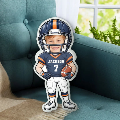 Personalized Shaped Pillow, Cartoon Football Player Holding a Ball, Unique Gift for Football Fans