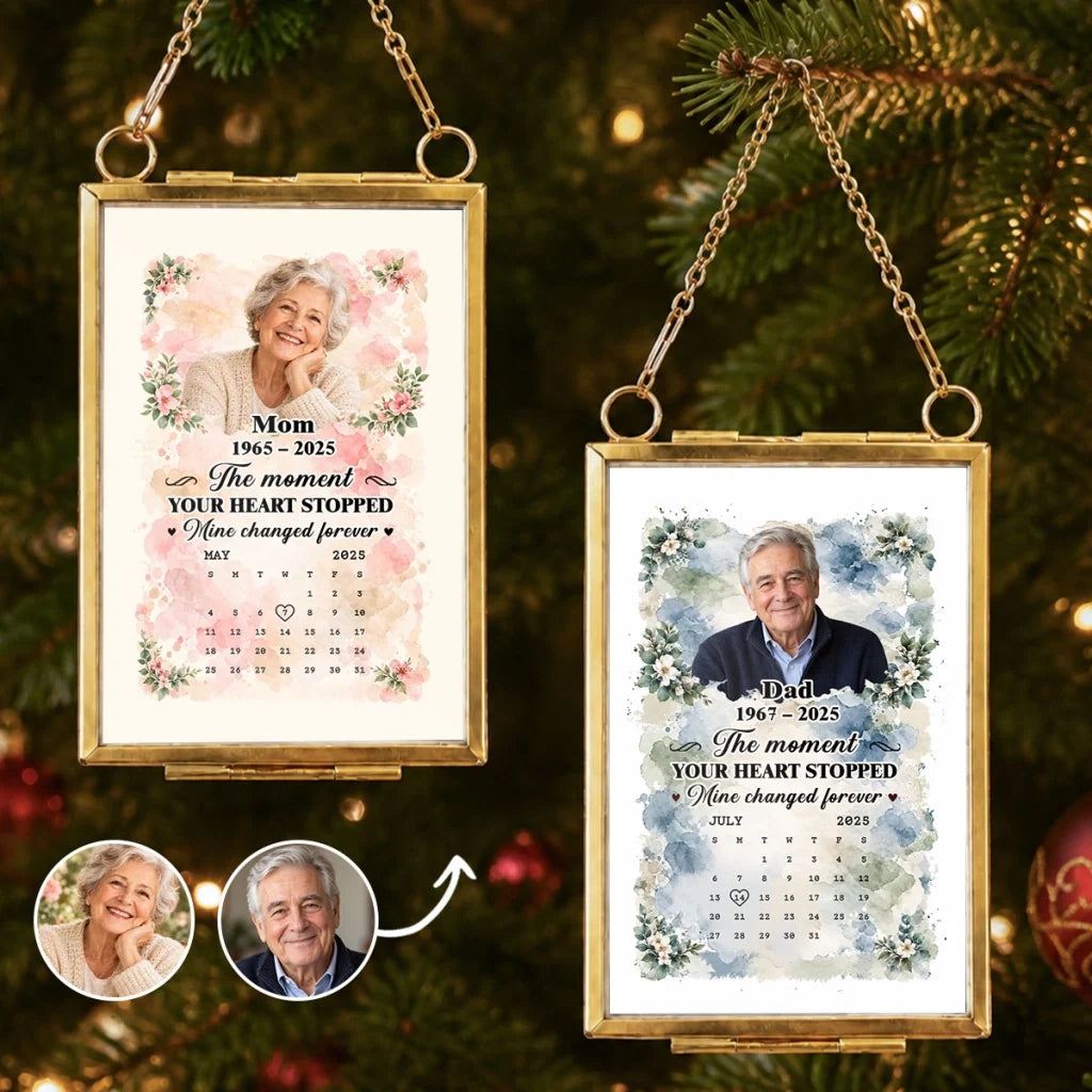 Personalized Hanging Photo Frame Ornament, Smiling Parent Portrait, Unique Floral Memorial Gift for Family