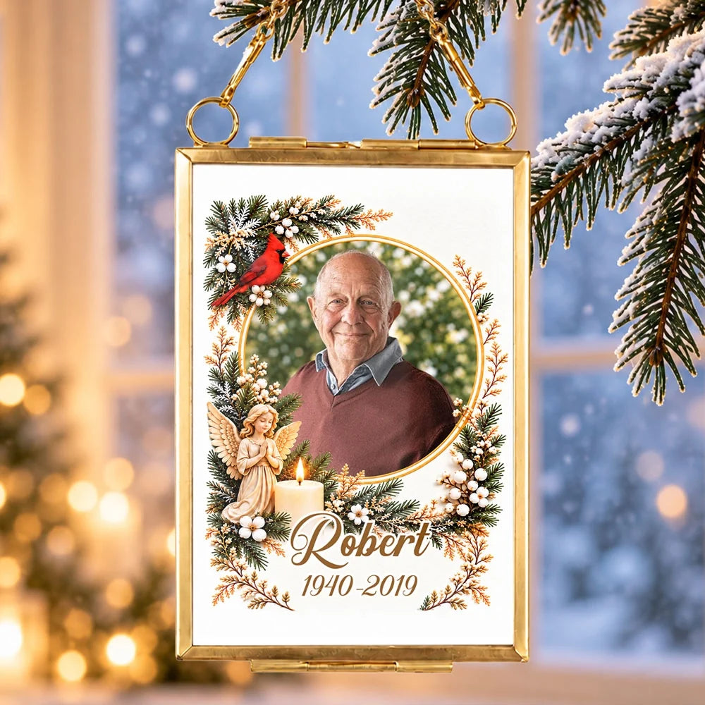 Personalized Hanging Photo Frame Ornament, Angel and Cardinal Memorial for Christmas Tree, Unique Family Gift