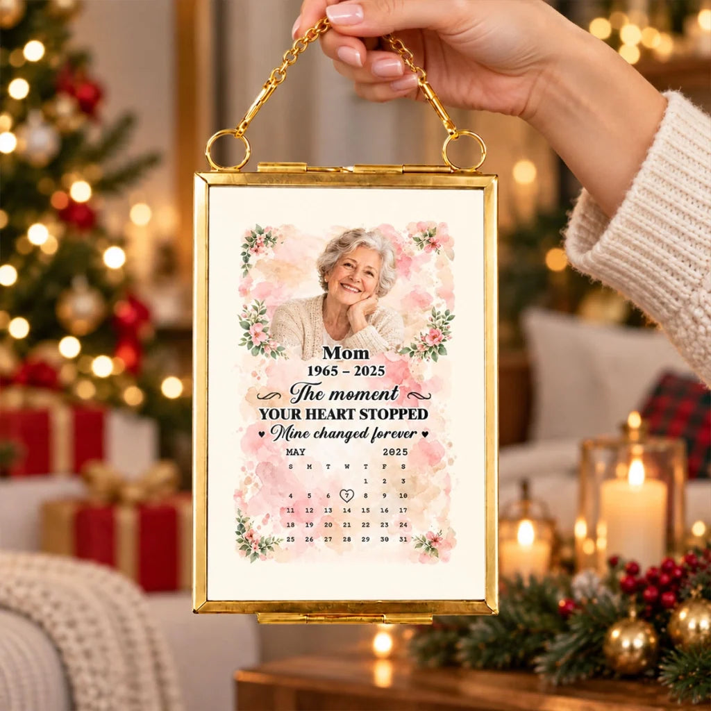 Personalized Hanging Photo Frame Ornament, Smiling Parent Portrait, Unique Floral Memorial Gift for Family