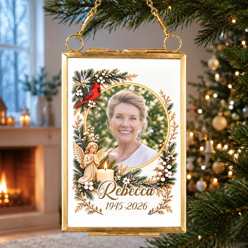 Personalized Hanging Photo Frame Ornament, Angel and Cardinal Memorial for Christmas Tree, Unique Family Gift