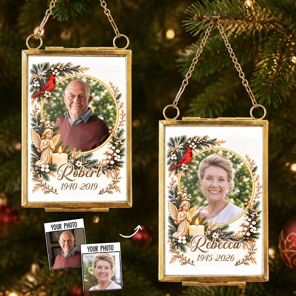 Personalized Hanging Photo Frame Ornament, Angel and Cardinal Memorial for Christmas Tree, Unique Family Gift