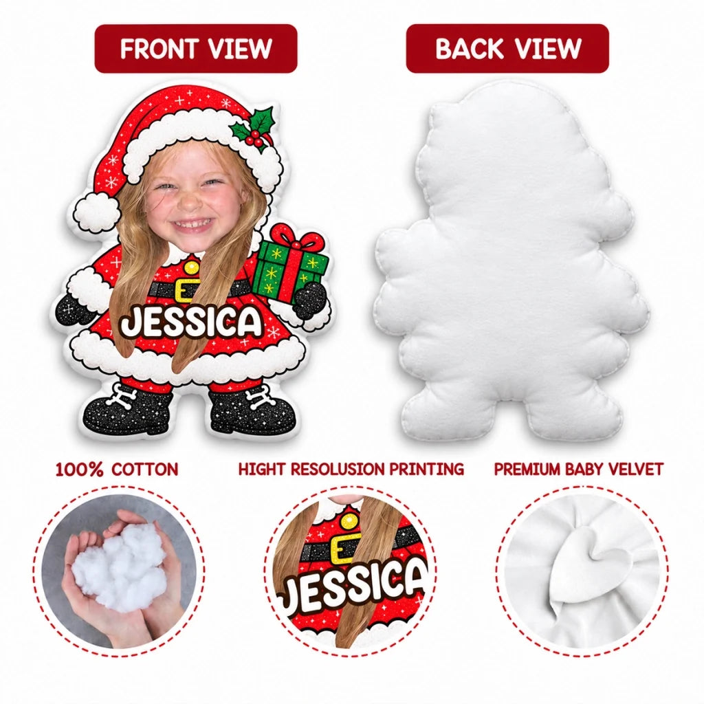 Personalized Christmas Character Shaped Pillow, Children Holding Festive Decor, Unique Family Gift