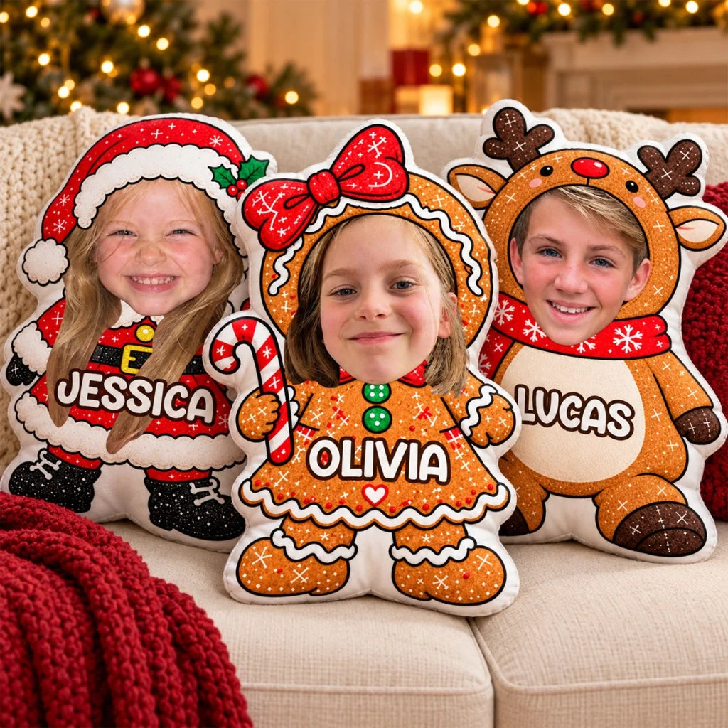 Personalized Christmas Character Shaped Pillow, Children Holding Festive Decor, Unique Family Gift